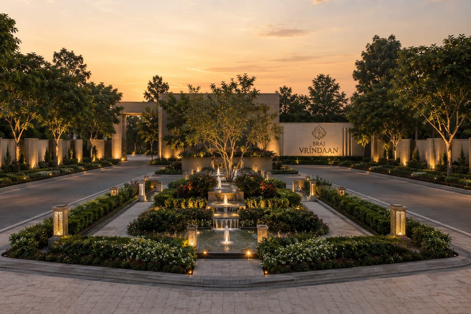 The entrance garden and front commercial blocks at Braj Vrindaan