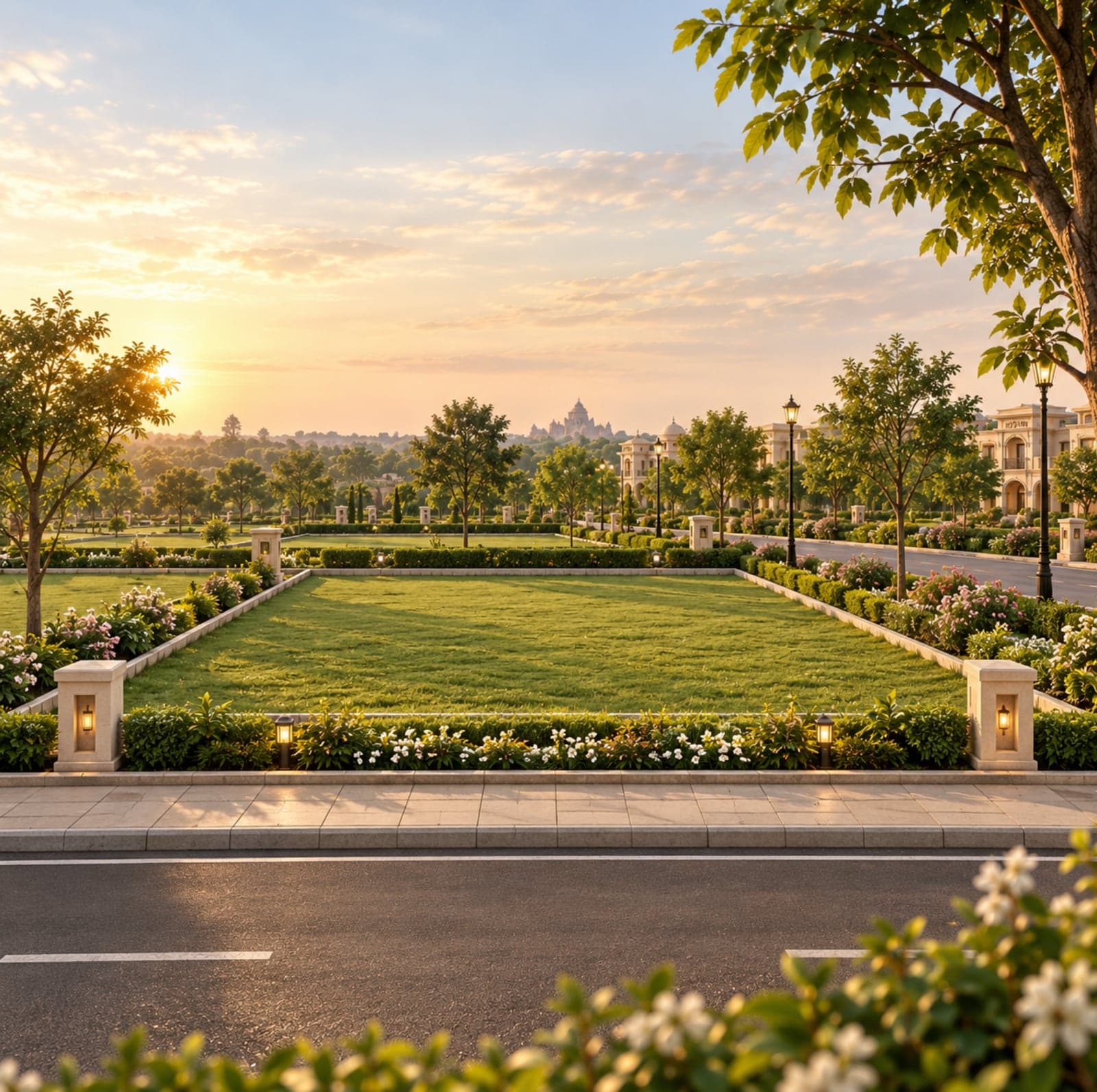 A landscaped residential plot beside a tree-lined road at Braj Vrindaan