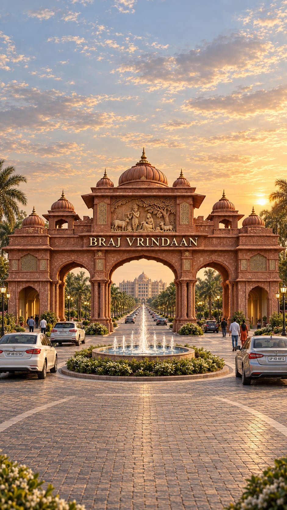 The arrival gateway at Braj Vrindaan at sunset, with the boulevard beyond it